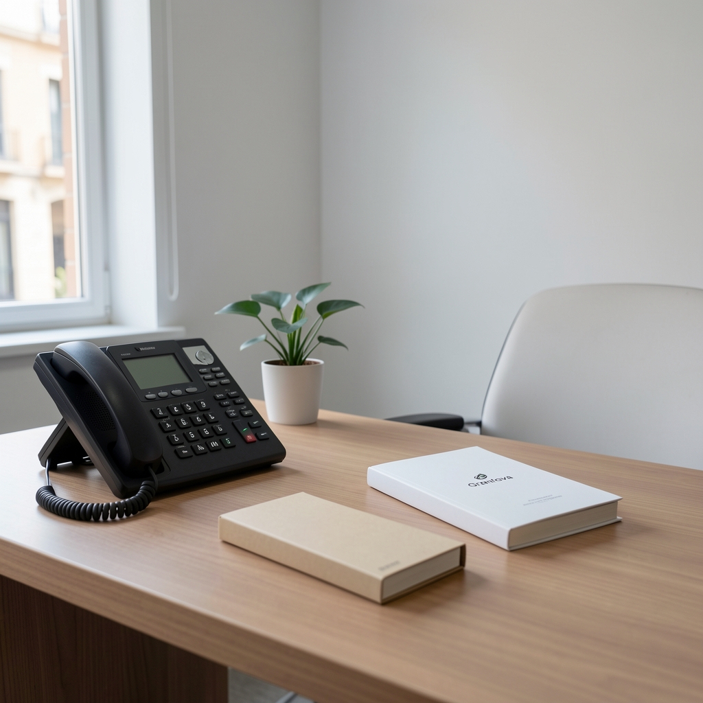 Escritorio de atención al cliente de Grantova en León con teléfono, libreta y paquete discreto