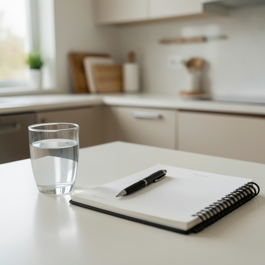 Complejo B Max de Grantova sobre una superficie de cocina clara junto a un vaso de agua y una libreta de rutina