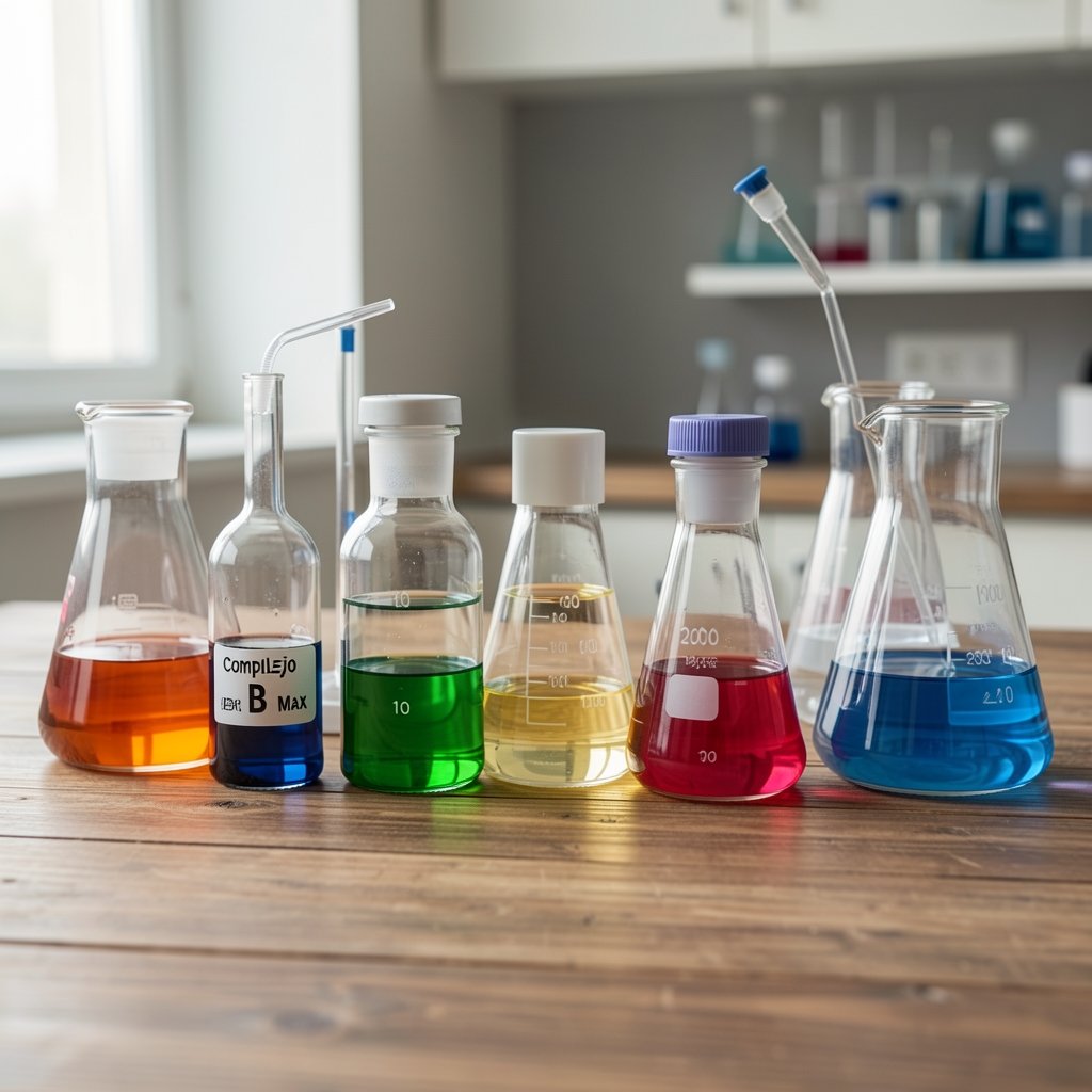 Ingredientes de Complejo B Max organizados en recipientes de laboratorio sobre una mesa de madera