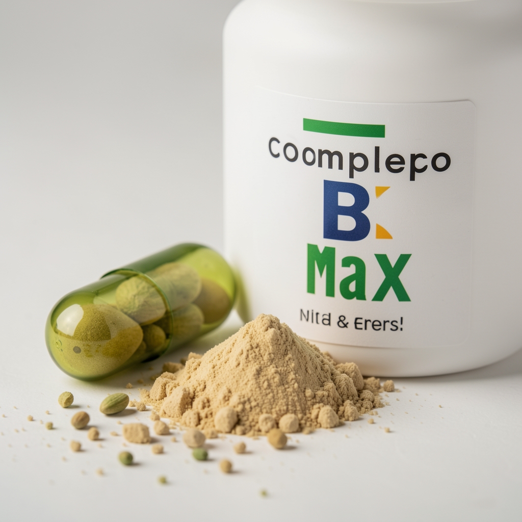 Detalle de una cápsula vegetal y polvo de nutrientes junto a la etiqueta de Complejo B Max