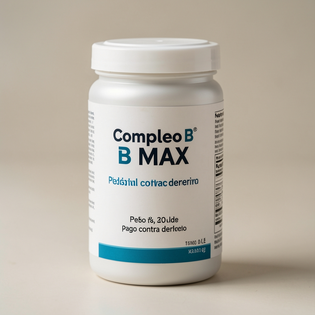Detalle del envase de Complejo B Max listo para un pedido con pago contra entrega