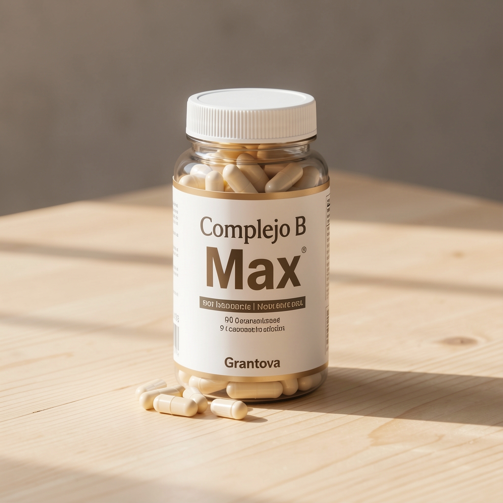 Envase de Complejo B Max de Grantova con 90 cápsulas sobre una mesa de madera clara