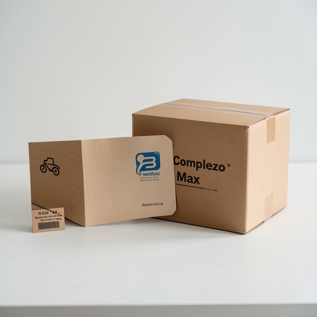 Etiqueta de envío nacional junto a una caja discreta de Complejo B Max lista para reparto