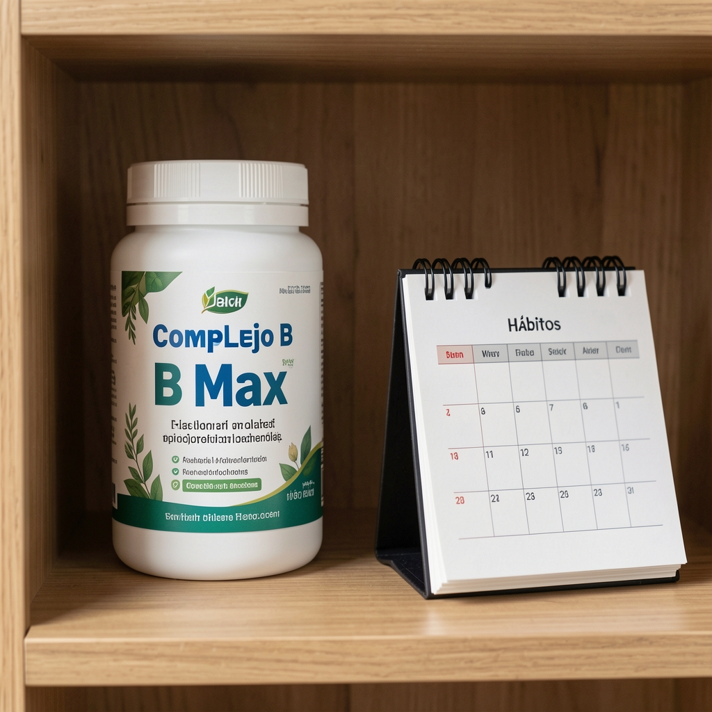 Envase cerrado de Complejo B Max guardado en un estante seco junto a una agenda de hábitos diarios